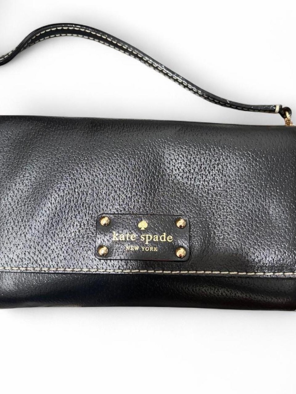 kate spade Black Leather Pebbled Wristlet with Gold Plaque